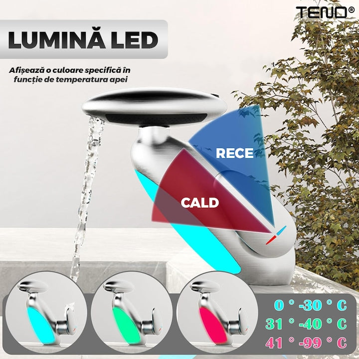 Baterie chiuveta Teno, cap retractabil, iluminare LED, crom/gri