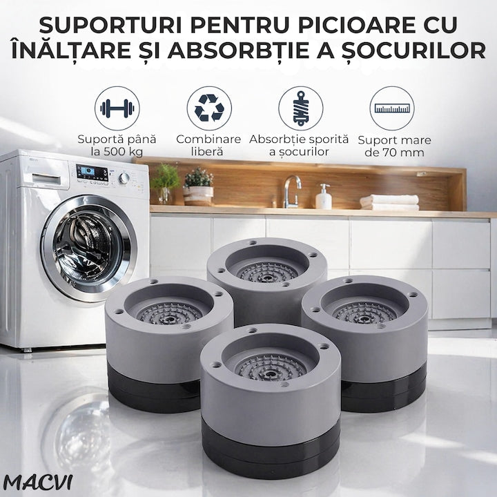 Set 4 Tampoane pentru Picioare Macvi® din Plastic, Gri Protectie si Stabilitate pentru Masina de Spalat