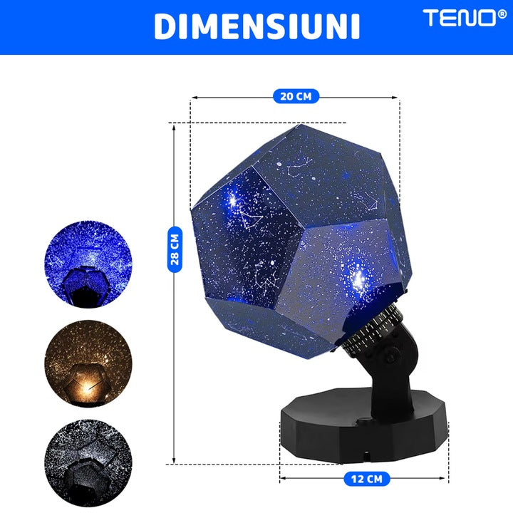 Lampa de Veghe Teno®, proiector de stele si constelatii, rotativ, inclinabil, constelatii, 3 culori, albastru, alb, galben, lumina de noapte, arie mare de acoperire, 25 x 12 cm, negru