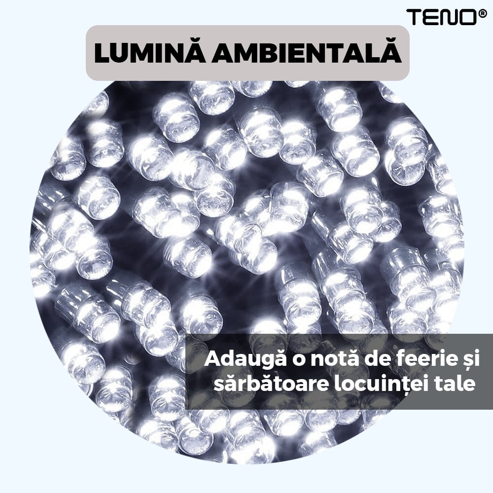 Instalatie de Craciun Liniara cu Panou Solar Teno®, 10 m, 8 jocuri de lumini, alimentare la priza, fir verde, interior/exterior, rezistenta la apa, 100 LED-uri, alb rece