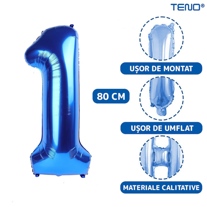 Set 12 Baloane Teno®, Cifra 1, pentru Petreceri/Aniversari/Evenimente, Stea/Rotunde/Confetti, 3 culori, latex, albastru