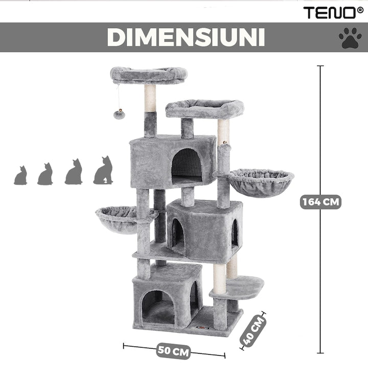 Ansamblu de Joaca pentru Pisici Teno®, cu 3 platforme de observatie, 5 niveluri, 3 casute, franghie si minge de joaca, stalpi pentru zgariat, captuseala extra moale, structura stabila, 164 cm, gri deschis