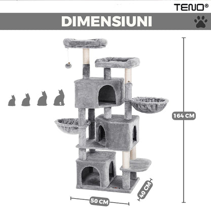 Ansamblu de Joaca pentru Pisici Teno®, cu 3 platforme de observatie, 5 niveluri, 3 casute, franghie si minge de joaca, stalpi pentru zgariat, captuseala extra moale, structura stabila, 164 cm, gri deschis