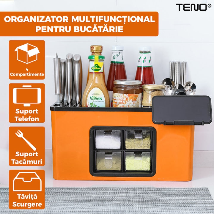 Organizator Multifunctional pentru Bucatarie Teno®, 4 Compartimente, raft condimente, suport detasabil telefon, tavita de scurgere, suport tacamuri/ustensile, portocaliu