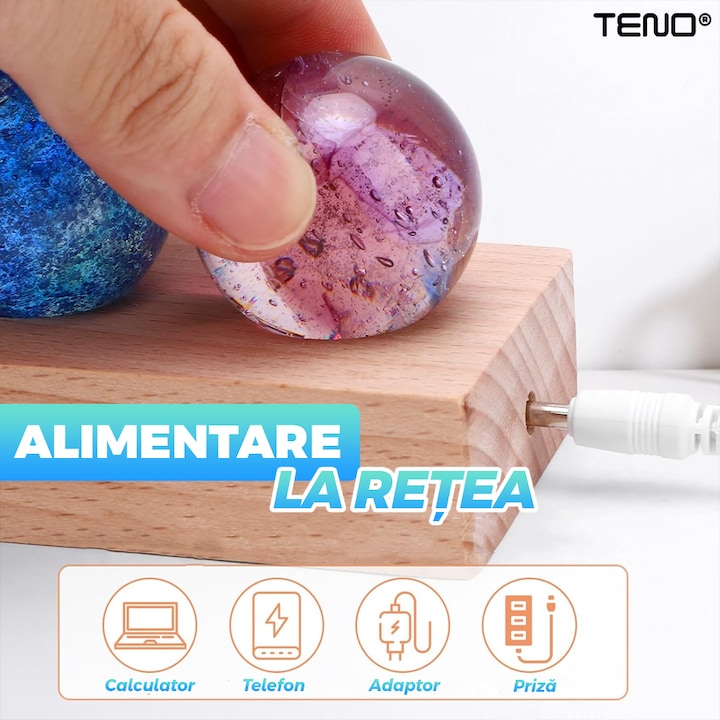 Lampa de Veghe Teno®, 7 bile de cristal, ambientala, lumini LED, suport de lemn, lumina cu protectie pentru ochi, multicolor
