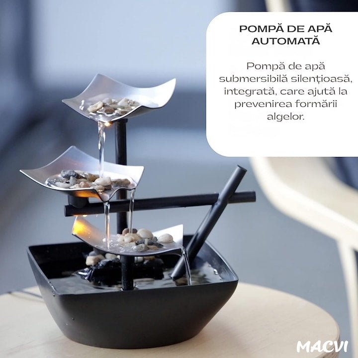 Fantana terapeutica Macvi®, sunete linistitoare ale apei, efect Zen relaxant, cu pietre naturale, bazin de apa si pompa automata, decor interior