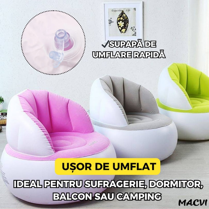 Scaun gonflabil confortabil cu pompa inclusa, design modern, dimensiuni 85x70 cm, ideal pentru interior si exterior, roz