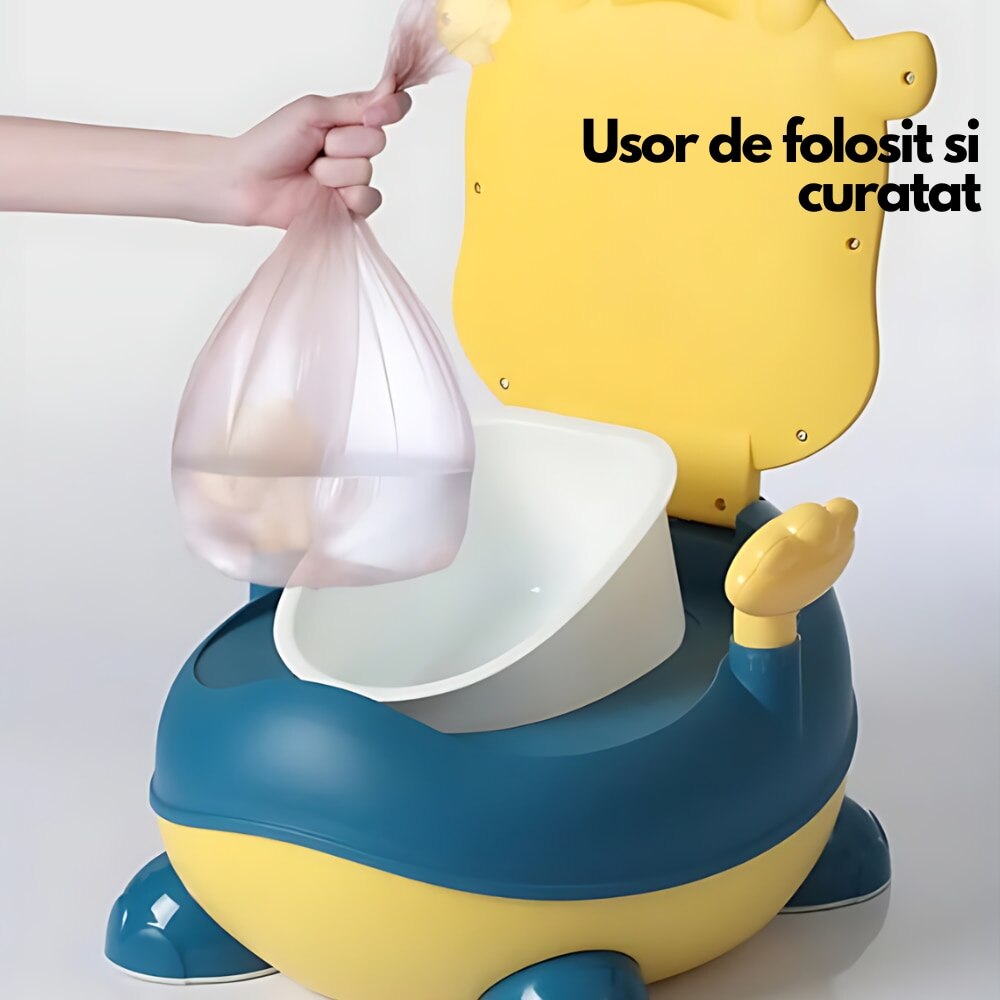 Olita copii Macvi® cu manere, colac moale non-toxic, model vacuta, margini rotunjite si sistem anti-stropire, 6 luni - 3 ani, albastru/galben