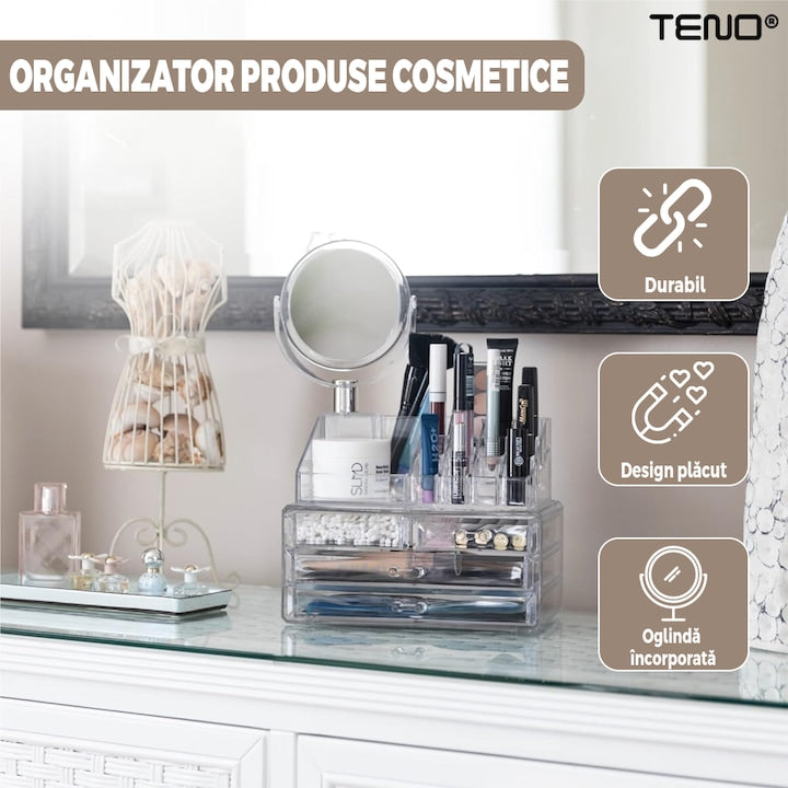 Organizator Cutie Depozitare pentru Produse Cosmetice Teno®, bijuterii si alte obiecte, 3 sertare, oglinda incorporata, piese detasabile, transparenti, 24 x 35 cm