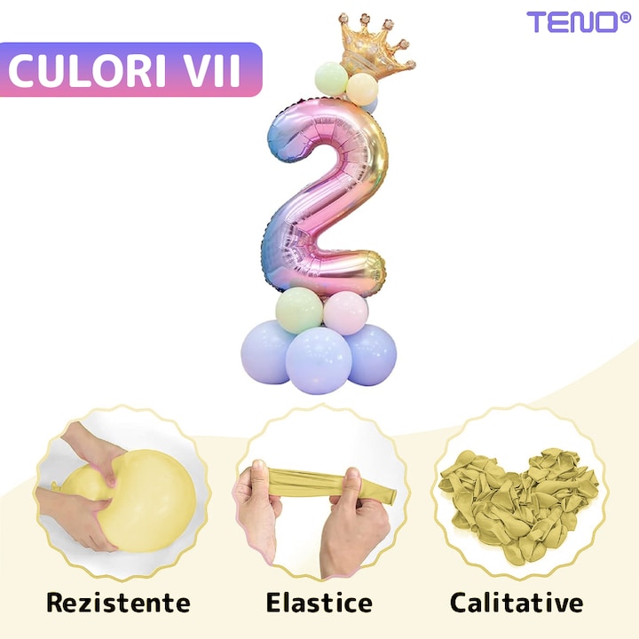 Set 14 Baloane CIfra 2 Teno®, coroana, balon pastelat, pentru Petreceri/Aniversari/Evenimente, mai multe dimensiuni, latex, multicolor