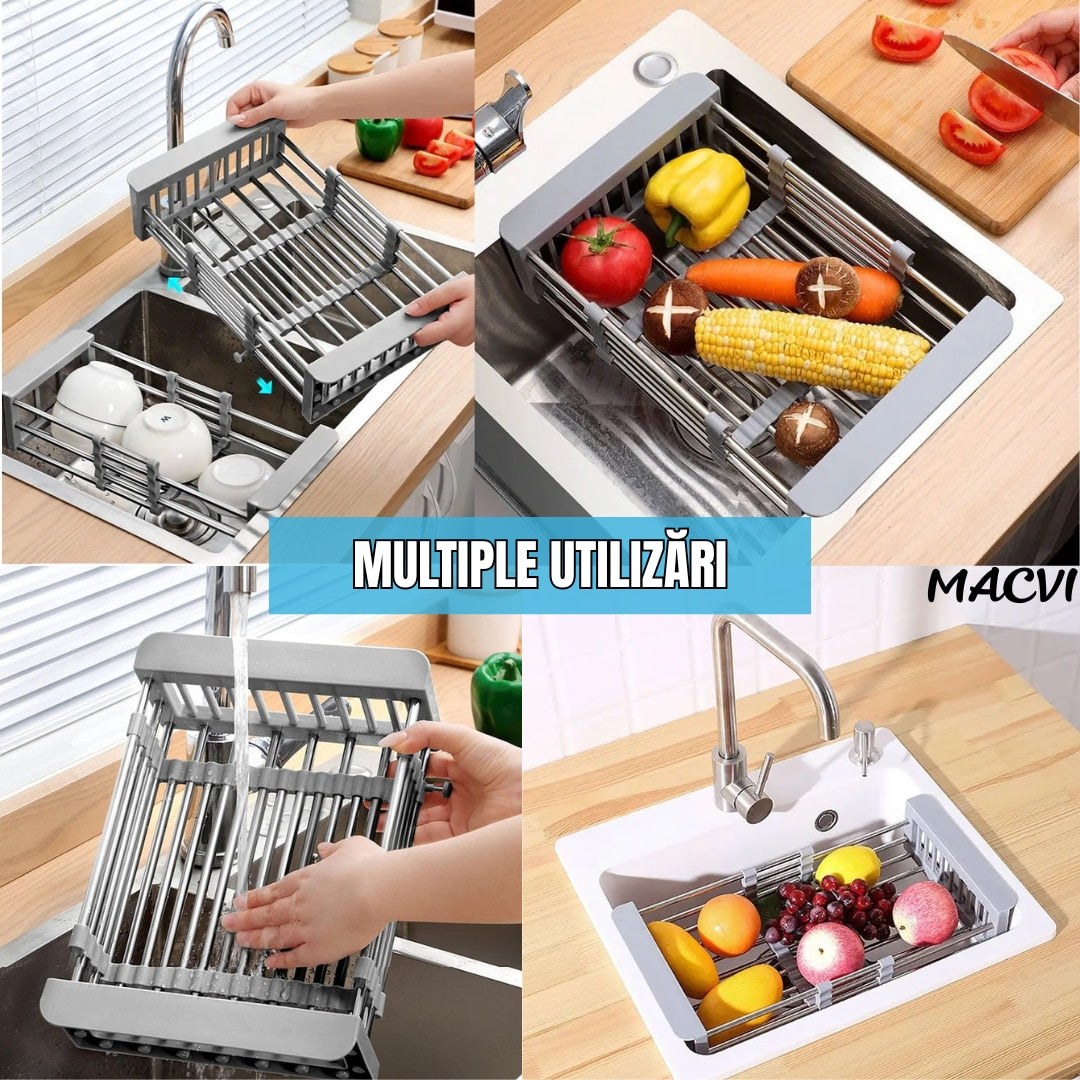 Cos de scurgere pentru chiuveta mica Macvi®, inox si plastic alimentar, 46x22 cm, extensibil, pentru legume, fructe si vase