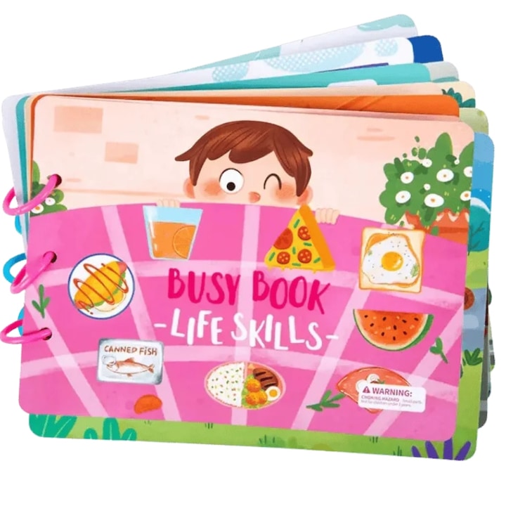 Carte ilustrata copii Macvi®, Busy Book Life Skills, 10 pagini cu stickere, educativa, 3 ani+, dezvolta logica, concentrarea, gandirea, multicolor