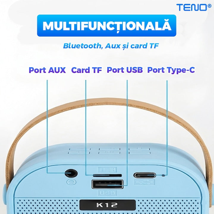 Boxa Portabila Teno®, karaoke, 2 microfoane, 4 porturi, wireless, RBG, Albastru deschis