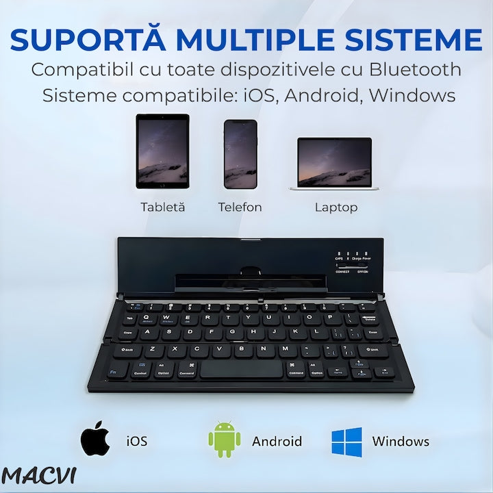 Tastatura Bluetooth pliabila Macvi® wireless, compacta, touchpad integrat, compatibila tableta si laptop, negru