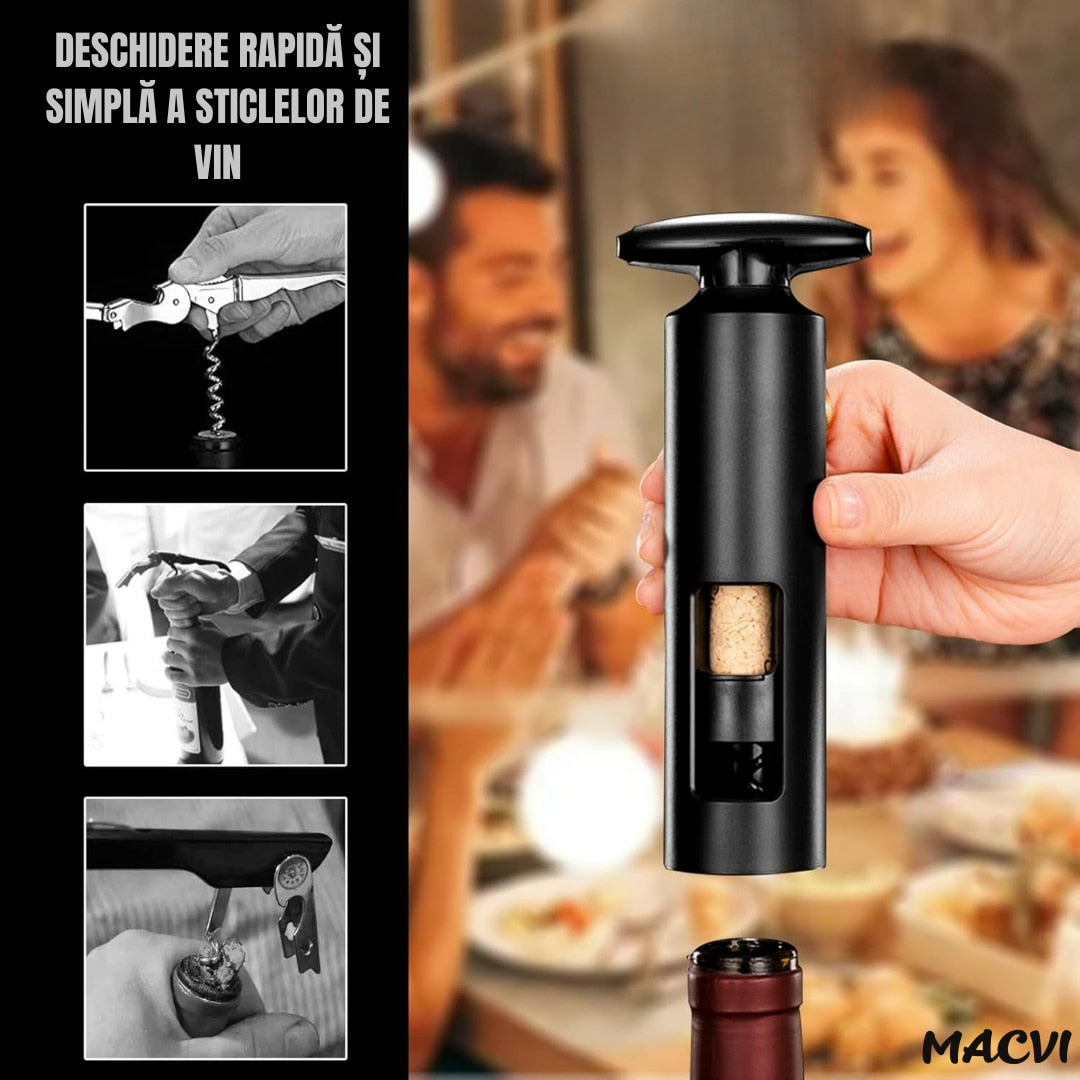 Set deschizator Macvi® 2-in-1 pentru vin, tirbuson profesional cu taietor folie, dop vacuum si aerator, design ergonomic, argintiu