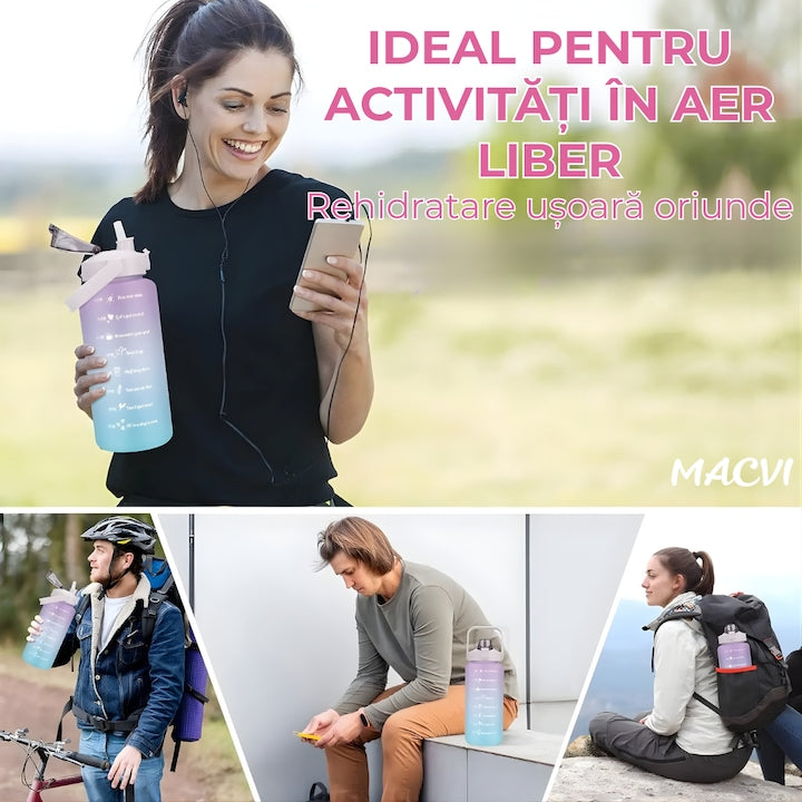 Bidon fitness Macvi® de apa 2L multicolor, plastic PC fara BPA, cu duza, maner si inscriptii motivante, etansa cu garnitura siliconica