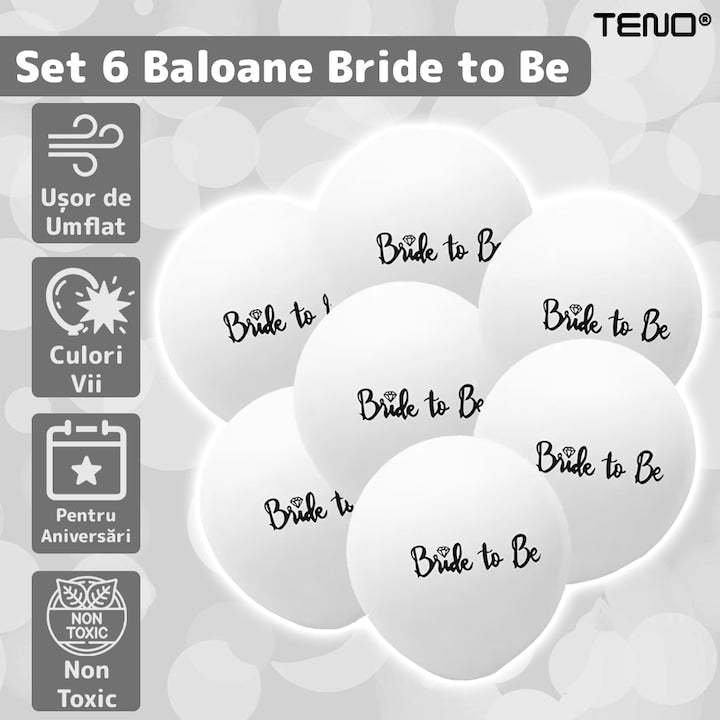 Set 6 Baloane Teno®, pentru Petreceri/Evenimente, rezistente, elastice, usor de umflat, model BRIDE TO BE, 30 cm, alb
