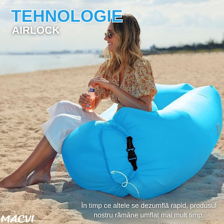 Saltea gonflabila tip sezlong Lazybag Macvi®, material rezistent, umflare fara pompa, pentru plaja/picnic/camping, rucsac de depozitare, 190 x 70 cm, Albastra