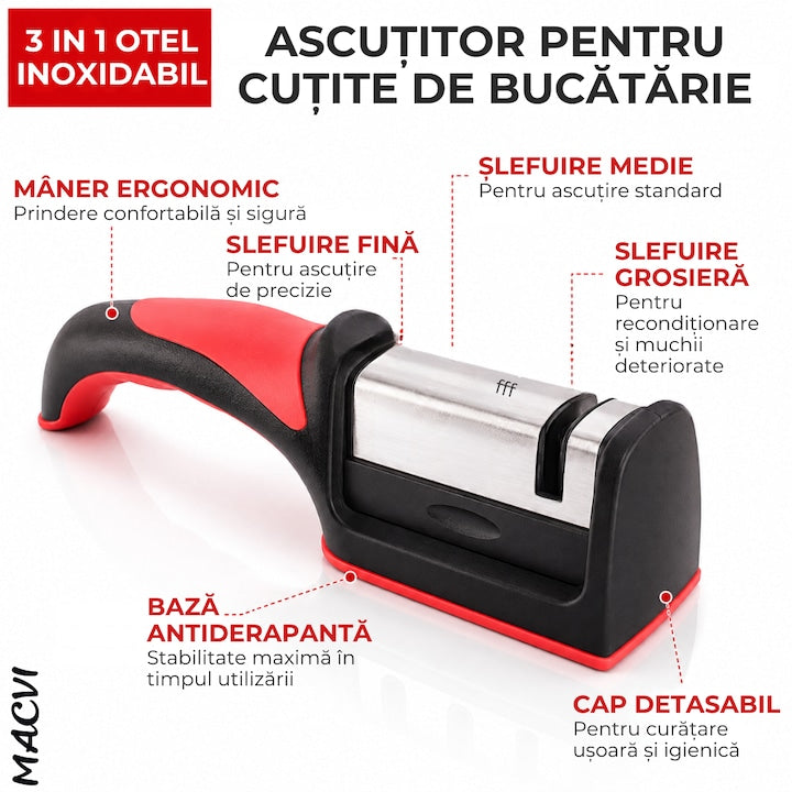 Ascutitor Manual Cutite Macvi® 3 in 1, 3 Etape de Ascutire, Otel Inoxidabil + Ceramica, Cap Detasabil, Maner Ergonomic, Baza Antiderapanta, ABS, 21.3 x 5.8 x 4.8 cm, Negru/Rosu