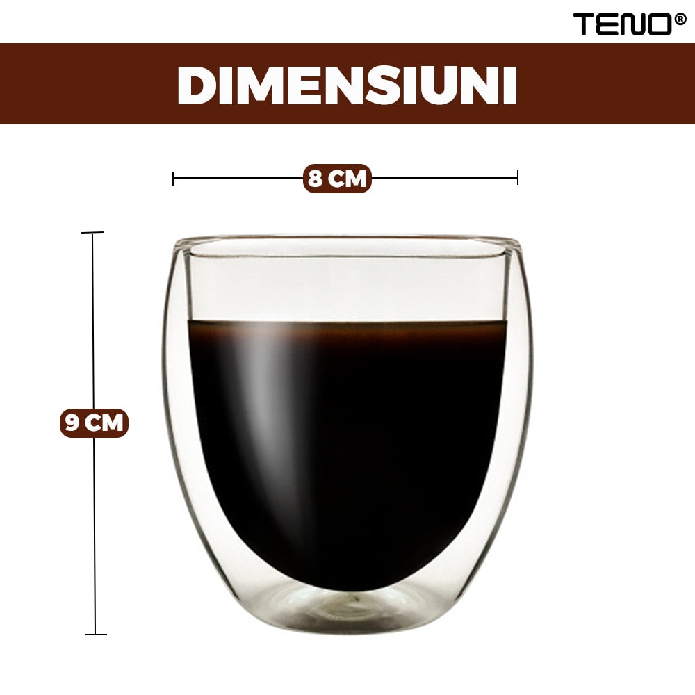 Set 4 Pahare din Sticla cu Perete Dublu Teno®, termorezistente, design modern, capacitate 250 ml, 9 x 8 cm
