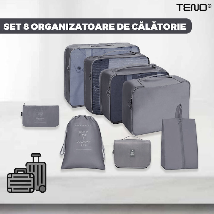 Set 8 Organizatoare Teno®, pentru calatorie, diferite marimi, 3 genti cu plasa, 1 geanta pentru lenjerie, geanta pentru cosmetice, sac pentru hainele murdare, inchidere cu fermoar dublu, plasa, gri