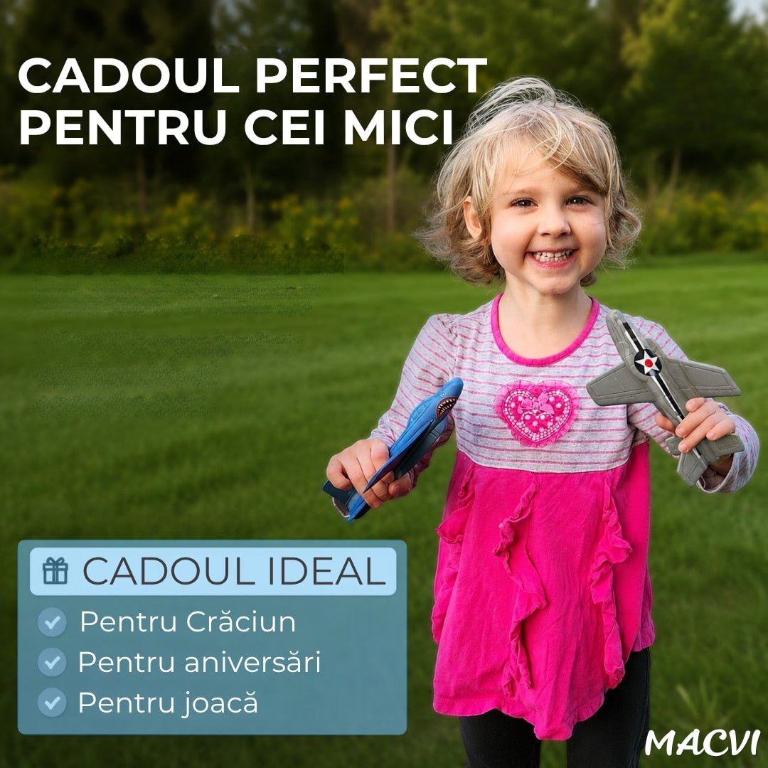 Avion zburator Macvi®, planor rezistent, zboara pana la 30m, Albastru, Material rezistent la impact si cazaturi, pentru copii 6+ ani