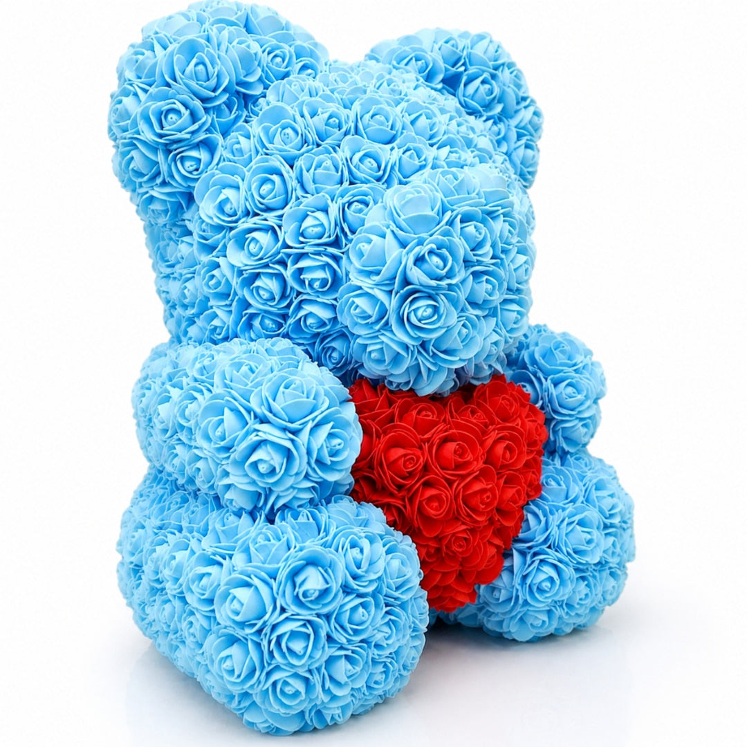 Ursulet Cu Inima Trandafiri Spuma Macvi®, 24 cm, Cutie Cadou Inclusa, Albastru, Decor Romantic, Cadou Valentine Aniversare