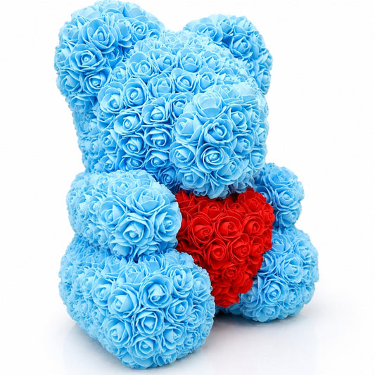 Ursulet Cu Inima Trandafiri Spuma Macvi®, 24 cm, Cutie Cadou Inclusa, Albastru, Decor Romantic, Cadou Valentine Aniversare