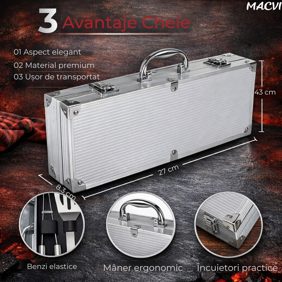 Set 5 ustensile gratar Macvi® din otel inoxidabil premium, geanta transport aluminiu captusita, accesorii pentru un gratar reusit