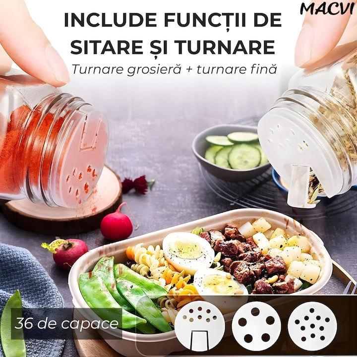 Set 24 recipiente Macvi® organizatoare pentru condimente, sticla, capac bambus, cu palnie, perie, site, etichete si marker incluse