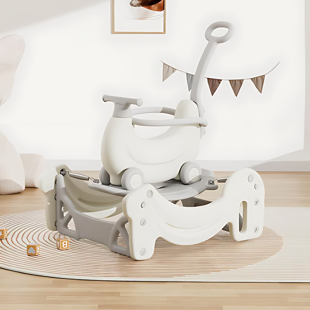 Jucarie multifunctionala Macvi® pentru copii 1-5 ani, balansoar, carucior, placa de echilibru si scuter, rezistent, bej