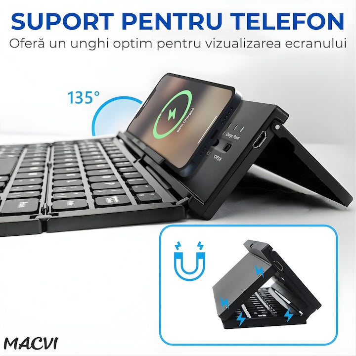 Tastatura Bluetooth pliabila Macvi® wireless, compacta, touchpad integrat, compatibila tableta si laptop, negru