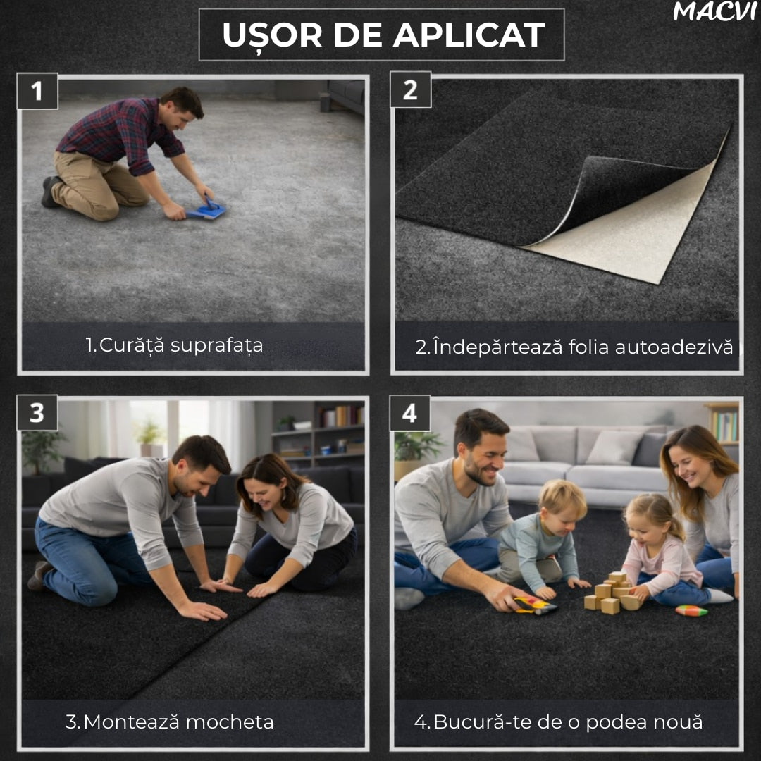 Mocheta scari Macvi® dale autoadezive 60x60 cm, 1 buc. mocheta textila, ajustabila, montaj rapid fara unelte, curatare usoara, potrivita pentru scari, camera copiilor, dressing, aplicare rapida