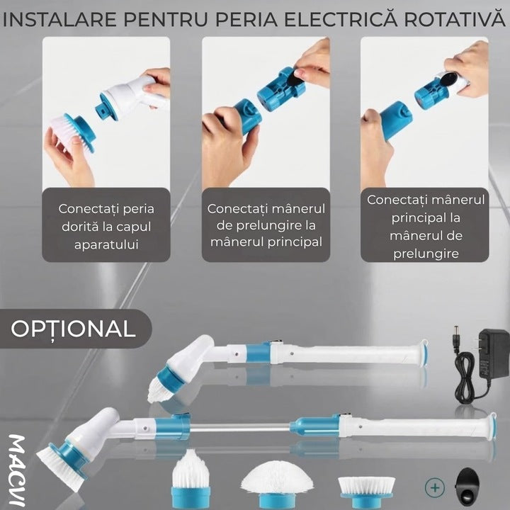 Perie Electrica de Curatare Macvi® cu 3 Capete Intersanjabile, 300 RPM, Acumulator Reincarcabil, Maner Telescopic - Ideala pentru Gresie, Faianta, Cada, Dus
