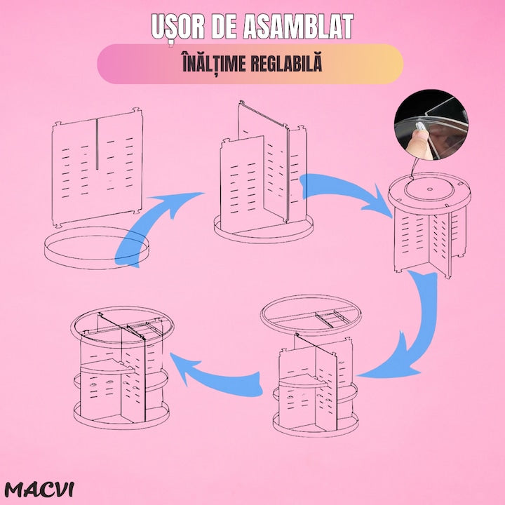 Organizator Cosmetice Rotativ Macvi® 360°, Design Reglabil, 9 Compartimente Spatioase, Montare Rapida, Ideal pentru Machiaj si Produse de Ingrijire