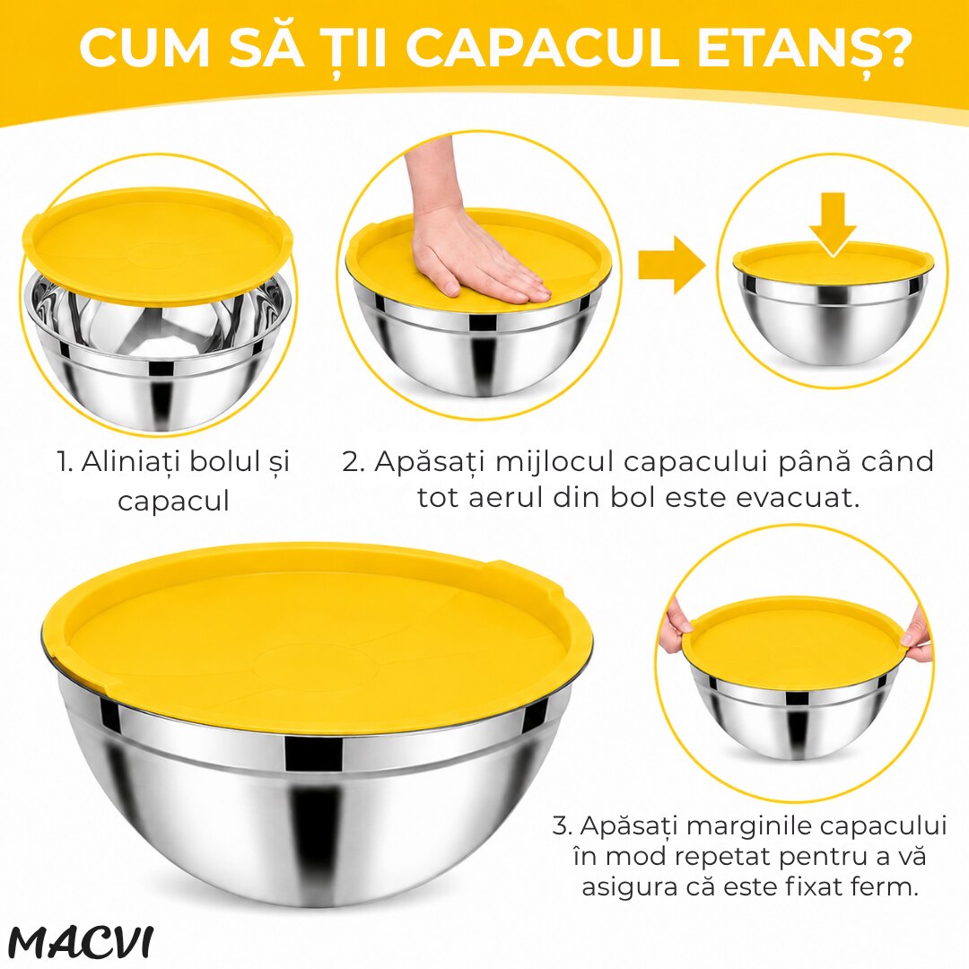 Castron MACVI cu capac, inox, 20 cm, antiderapant, galben