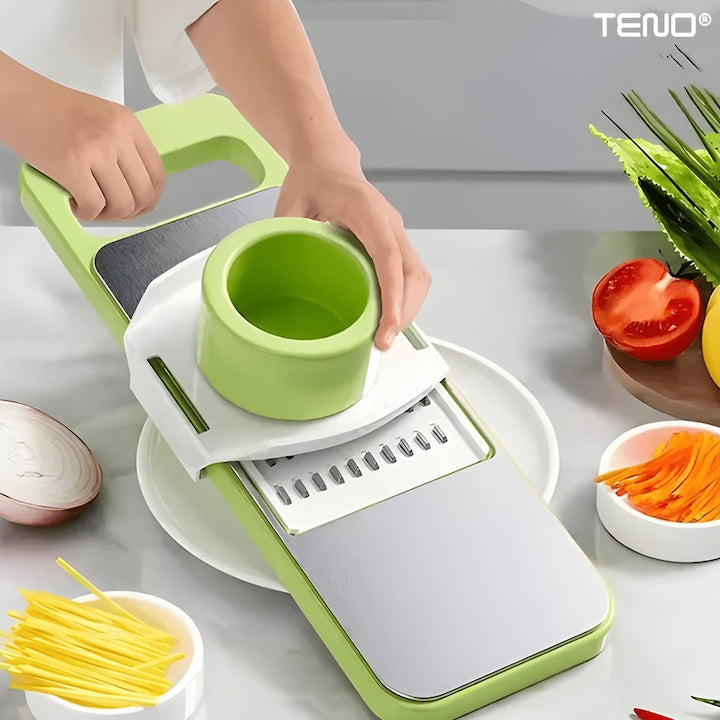 Feliator 7 in 1 Teno®, 5 accesorii de feliere, materiale rezistente, waterproof, protectie pentru mana, mandoline si razatoare, recipient de depozitare, verde deschis