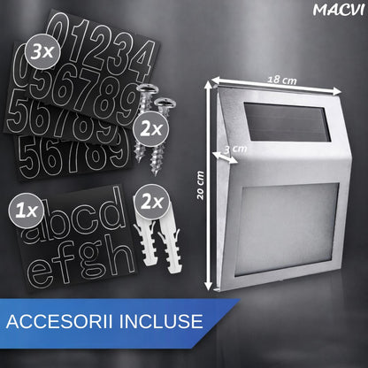 Placa Numar Casa Macvi® cu Iluminare Solara LED Montaj Exterior, Detectie Automata Noapte-Zi, Rezistenta la Intemperii, din Inox