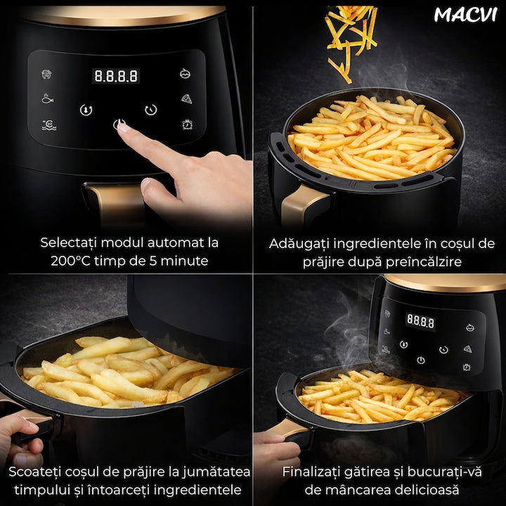 Friteuza cu Aer Cald Macvi®, Air Fryer, Filtru de Aer Integrat, 6 Programe, Putere 2400W, Control Temperatura, Cronometru Reglabil, Capacitate 6L