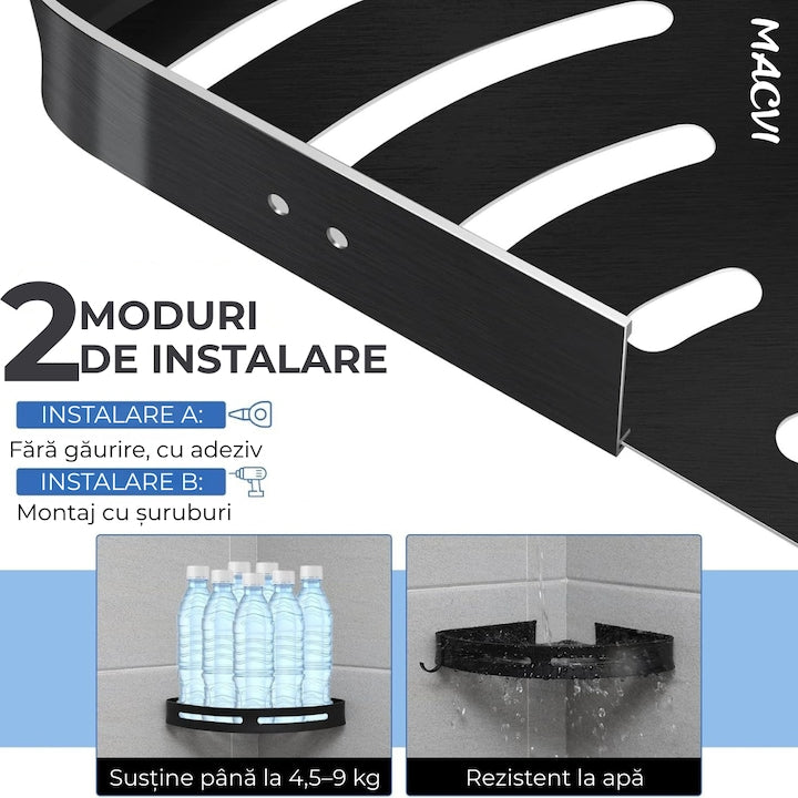 Raft de dus Macvi® set etajera baie aluminiu negru design modern si rezistent montaj usor spatiu optimizat