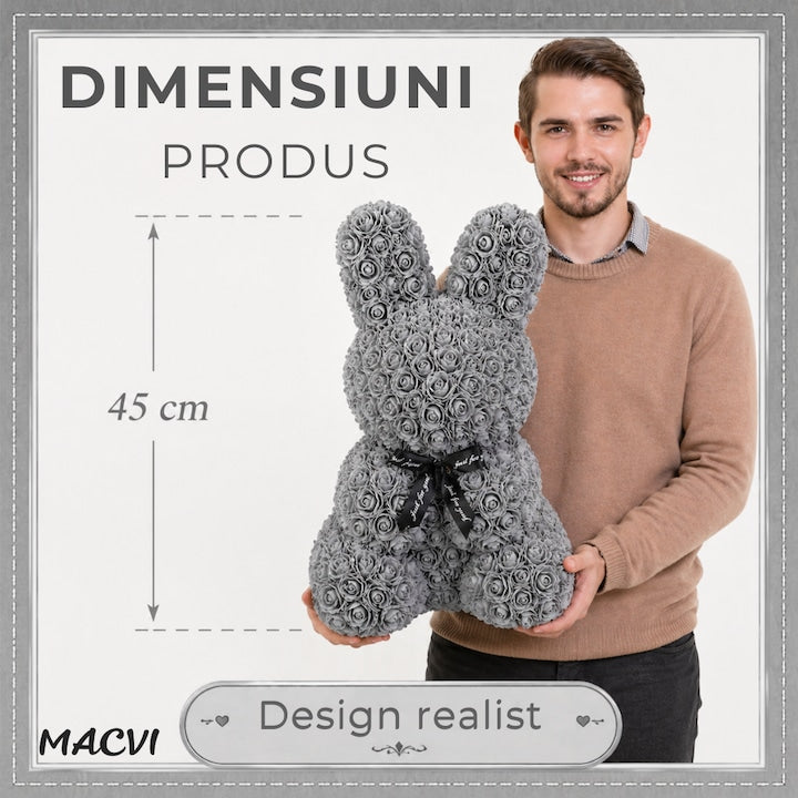 Iepuras Decorativ Macvi® din Trandafiri Spuma Gri 45 cm cu Fundita Cutie Cadou Inclusa Decor Elegant