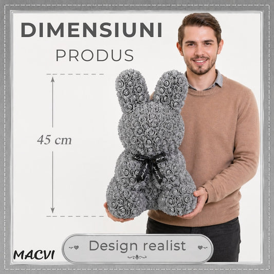 Iepuras Decorativ Macvi® din Trandafiri Spuma Gri 45 cm cu Fundita Cutie Cadou Inclusa Decor Elegant