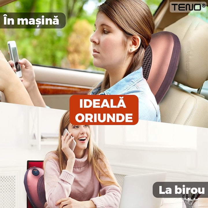 Aparat pentru Masaj Tip Perna Teno®, shiatsu, pentru masaj cervical sau lombar, priza auto sau normala, bile cu infrarosu, terapie cu incalzire, portabila, doua sensuri de rotire, elastic tetiera auto, 30 W, rosu