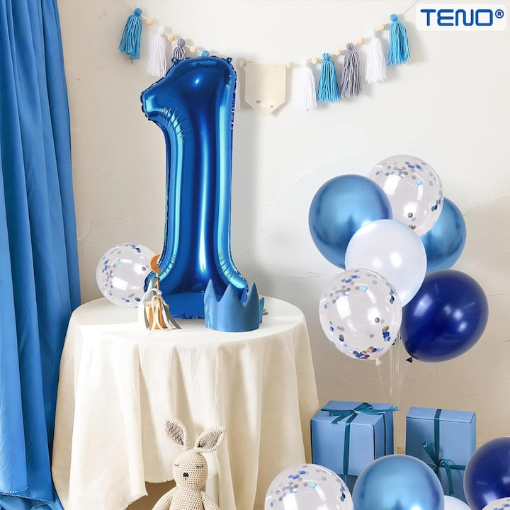 Set 12 Baloane Teno®, Cifra 1, pentru Petreceri/Aniversari/Evenimente, Stea/Rotunde/Confetti, 3 culori, latex, albastru