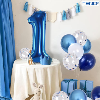 Set 12 Baloane Teno®, Cifra 1, pentru Petreceri/Aniversari/Evenimente, Stea/Rotunde/Confetti, 3 culori, latex, albastru