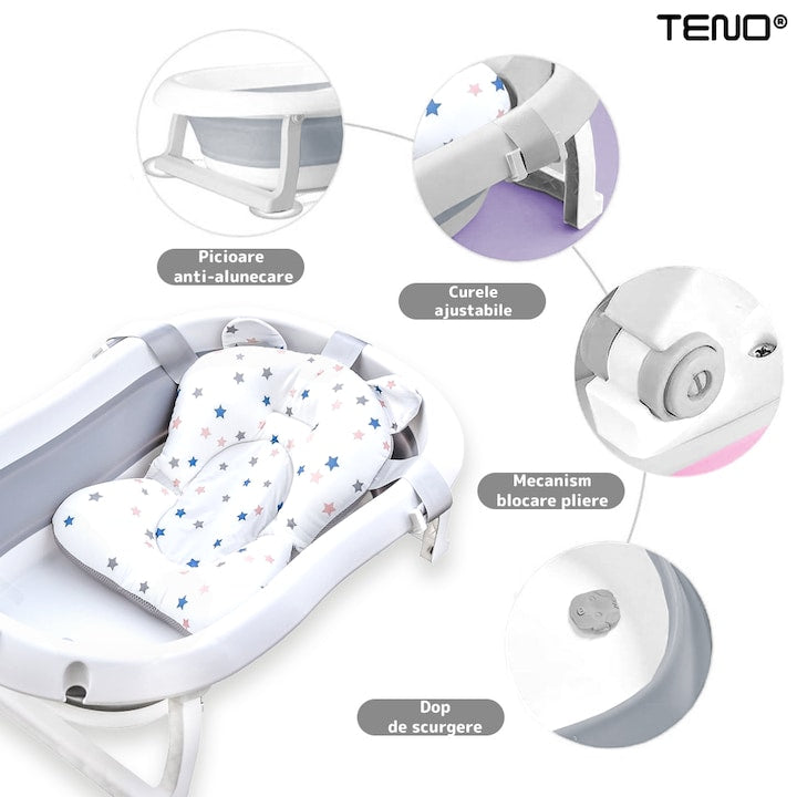 Cadita cu Pernuta pentru Bebelusi Teno®, termometru digital incorporat, pliabila, dop de scurgere, picioare anti-alunecare, design ergonomic, 75 x 45 x 22 cm, gri cu stelute