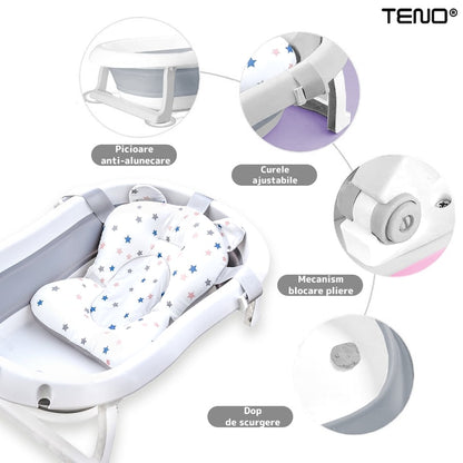 Cadita cu Pernuta pentru Bebelusi Teno®, termometru digital incorporat, pliabila, dop de scurgere, picioare anti-alunecare, design ergonomic, 75 x 45 x 22 cm, gri cu stelute