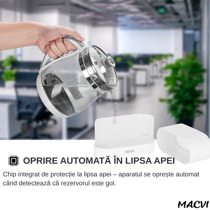 Difuzor Aromaterapie si Umidificator Macvi® cu Efect de Flacara, Ultrasunete, Capacitate 180 ml, 10 Ore de Functionare, Alb