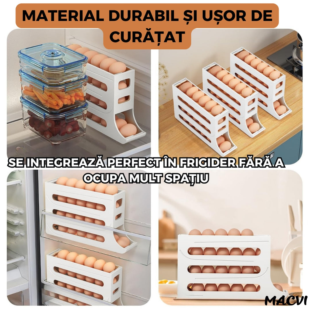 Suport organizator pentru oua Macvi®, 4 niveluri, rulare automata, 30 oua, 36x7x20 cm, alb, economisire inteligenta de spatiu in frigider