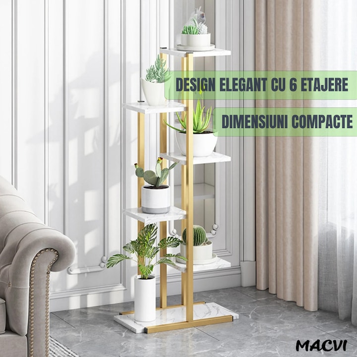 Suport ghivece flori si plante Macvi® cu 6 rafturi, design modern alb si maro, cadru metalic stabil, 113x60x20 cm, pentru interior si exterior